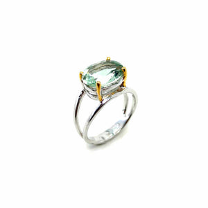 Alice - 925 Sterling Silver Ring, Decorated with Green Amethyst, Plated with 3 Micron 22K Yellow Gold and White Rhodium