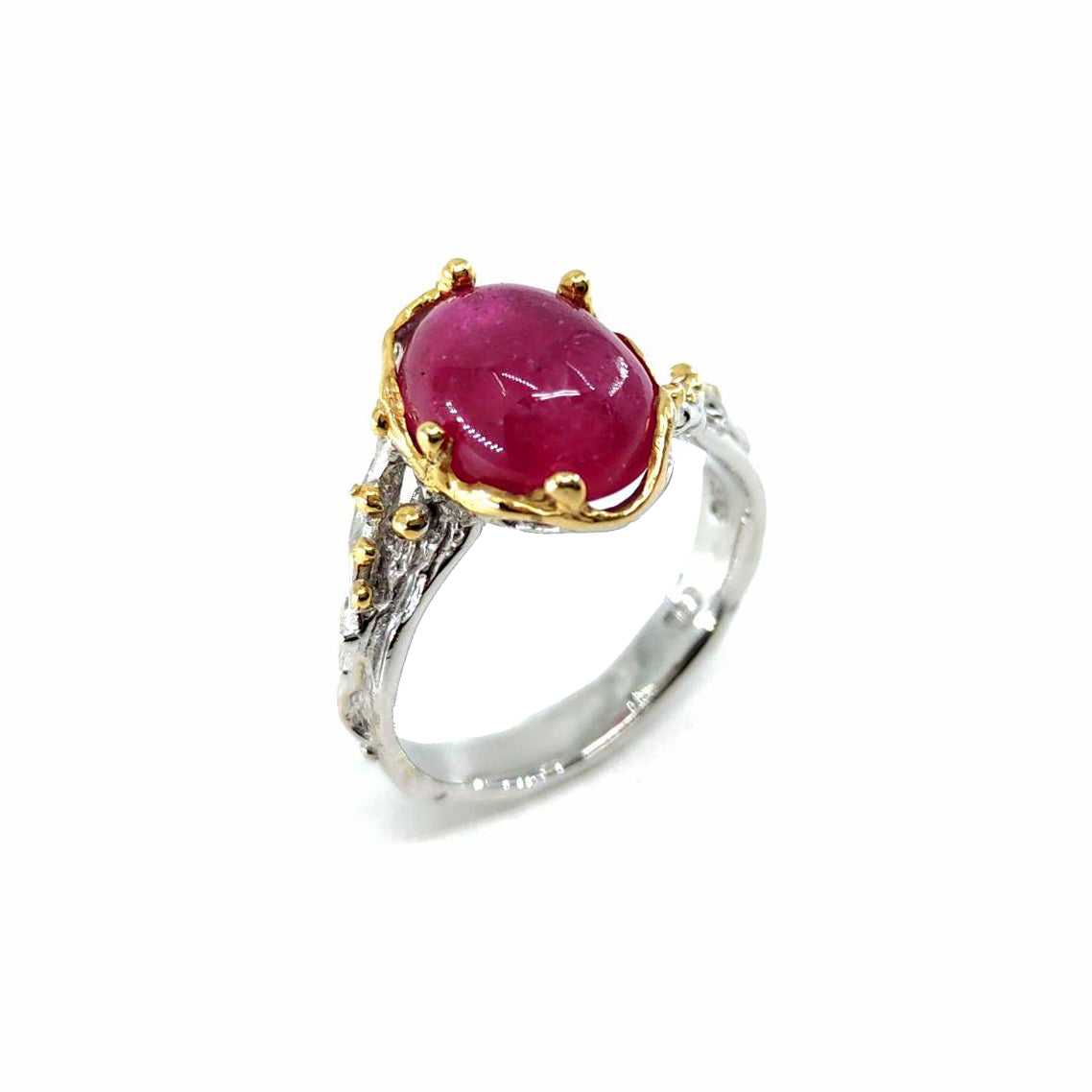 Alice - 925 Sterling Silver Ring Decorated with Ruby, Plated with 3 Micron 22k Yellow Gold And  White Rhodium