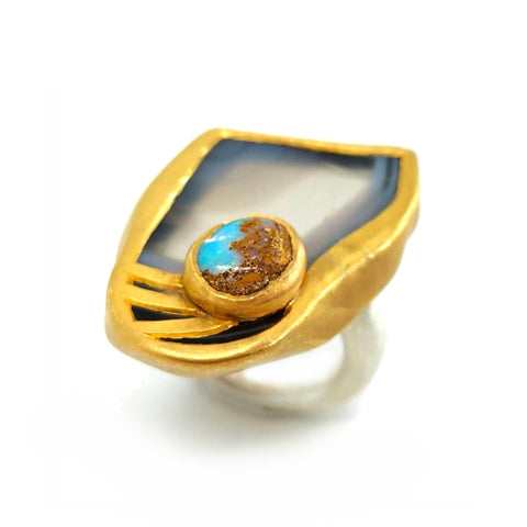 Electro Forming - แหวนเงินแท้ 925 ประดับด้วย Jasper และ Bolder Opal ชุบ 3 ไมครอน Yellow Gold และ Silver 22K