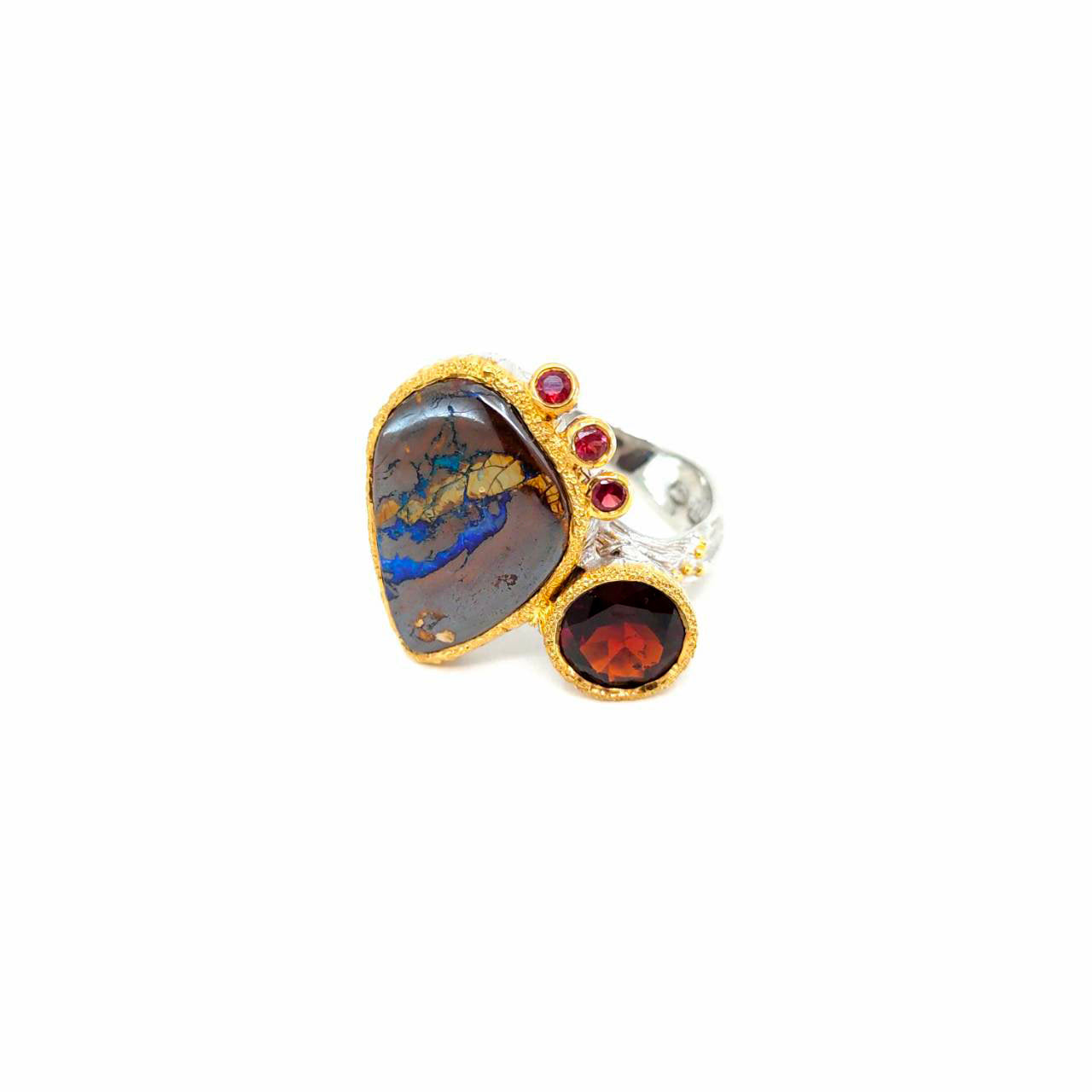 One Of A Kind Boulder Opal Garnet And Red Sapphire Ring