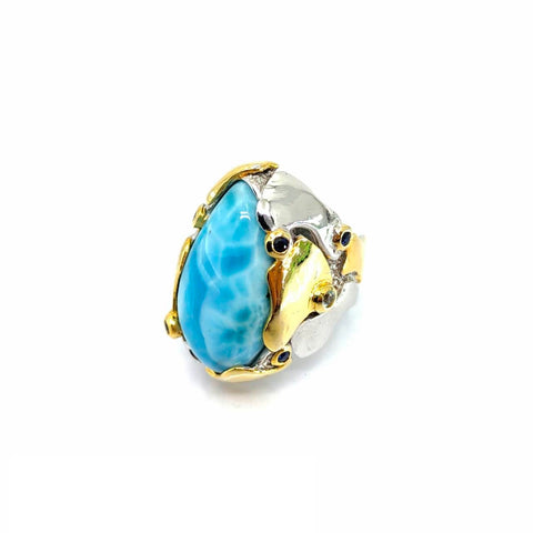 One Of A Kind Larimar Blue Topaz And Blue Sapphire Ring