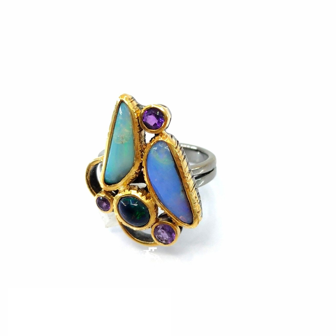 One Of A Kind Boulder Opal And Amethyst Ring