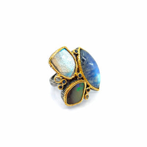 One Of A Kind Spectrolite Boulder Opal Labradorite Blue Topaz And Blue Sapphire Ring