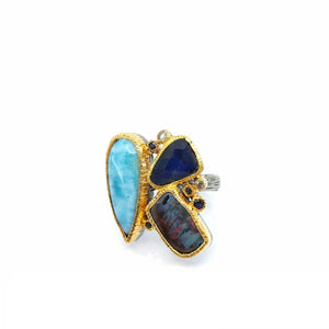 One Of A Kind Larimar Spectrolite Boulder Opal Blue Topaz And Blue Sapphire Ring