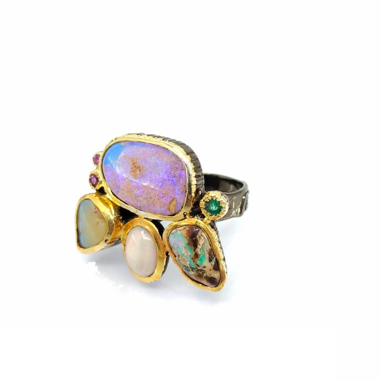 One Of A Kind Boulder Opal Ethiopian Opal And Rhodolite Ring