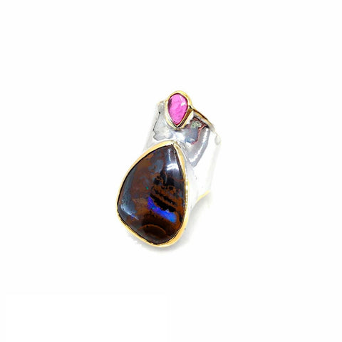 One Of A Kind Boulder Opal And Ruby Ring