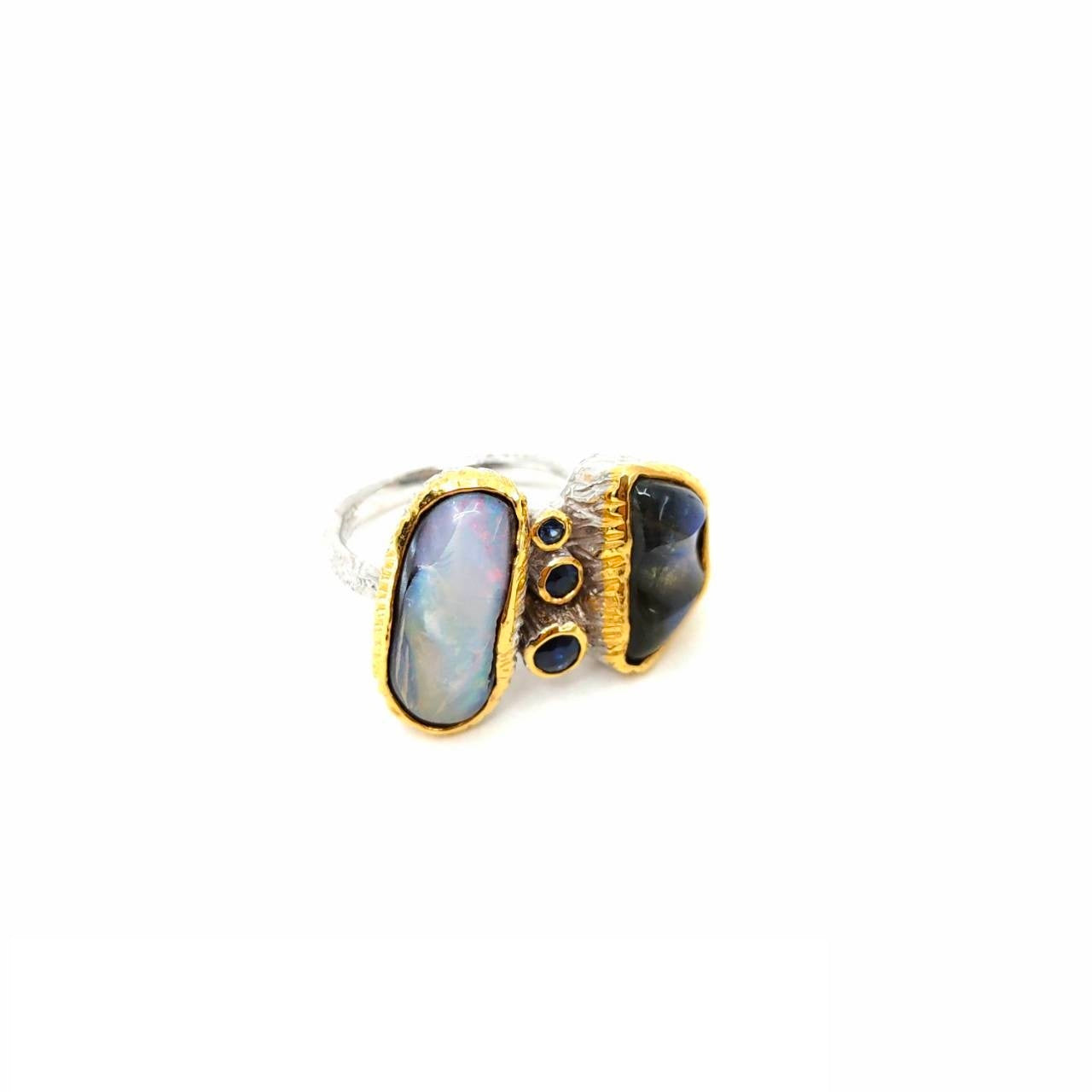 One Of A Kind Boulder Opal Carved Labradorite And Blue Sapphire Ring