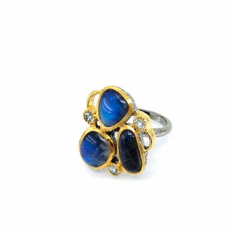 One Of A Kind Spectrolite And Blue Topaz Ring