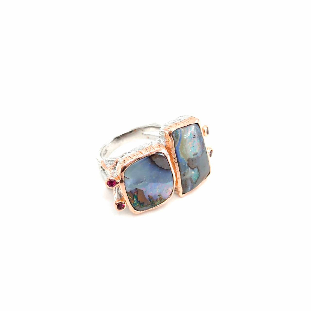 One Of A Kind Boulder Opal And Rhodoltie Ring