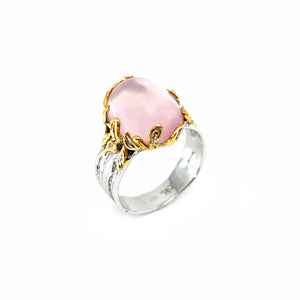 Alice - 925 Sterling Silver Ring, Decorated with Rose Quartz, Plated with 3 Micron 22K Yellow Gold and White Rhodium