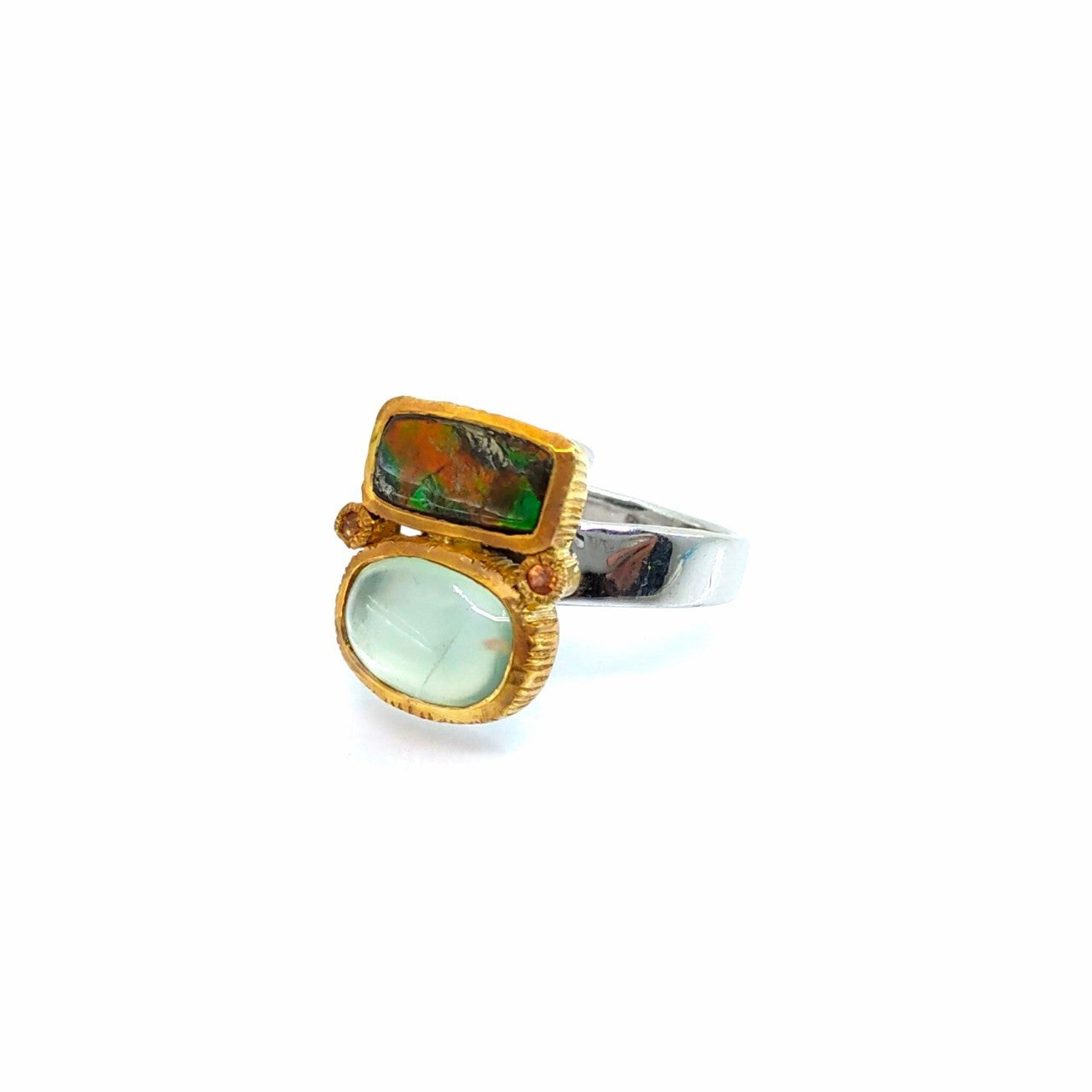 One Of A Kind Ammolite Prehnite And Yellow Sapphire Ring