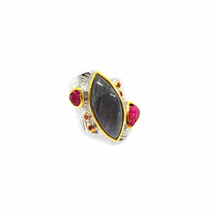 One Of A Kind Labradorite Rough Ruby And Orange Sapphire Ring