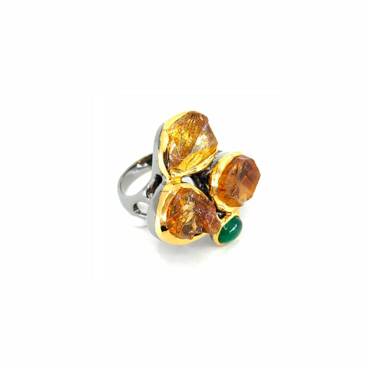 One Of A Kind Rough Citrine And Emerald Ring