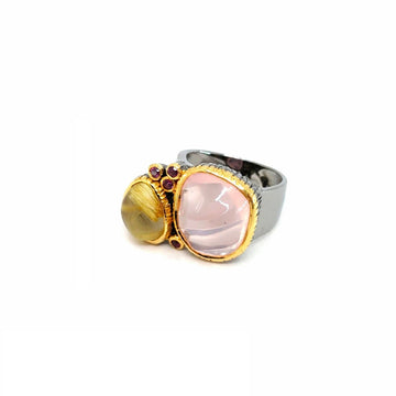 One Of A Kind Carved Rose Quartz Rutied Quartz And Rhodolite Ring