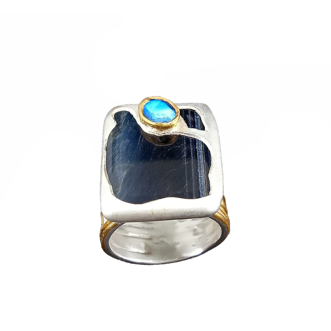 Electro Forming - 925 Sterling Silver Ring, Decorated with Black Tiger Eye and Spectrolite, Plated with 3 Micron 22K Yellow Gold and Silver