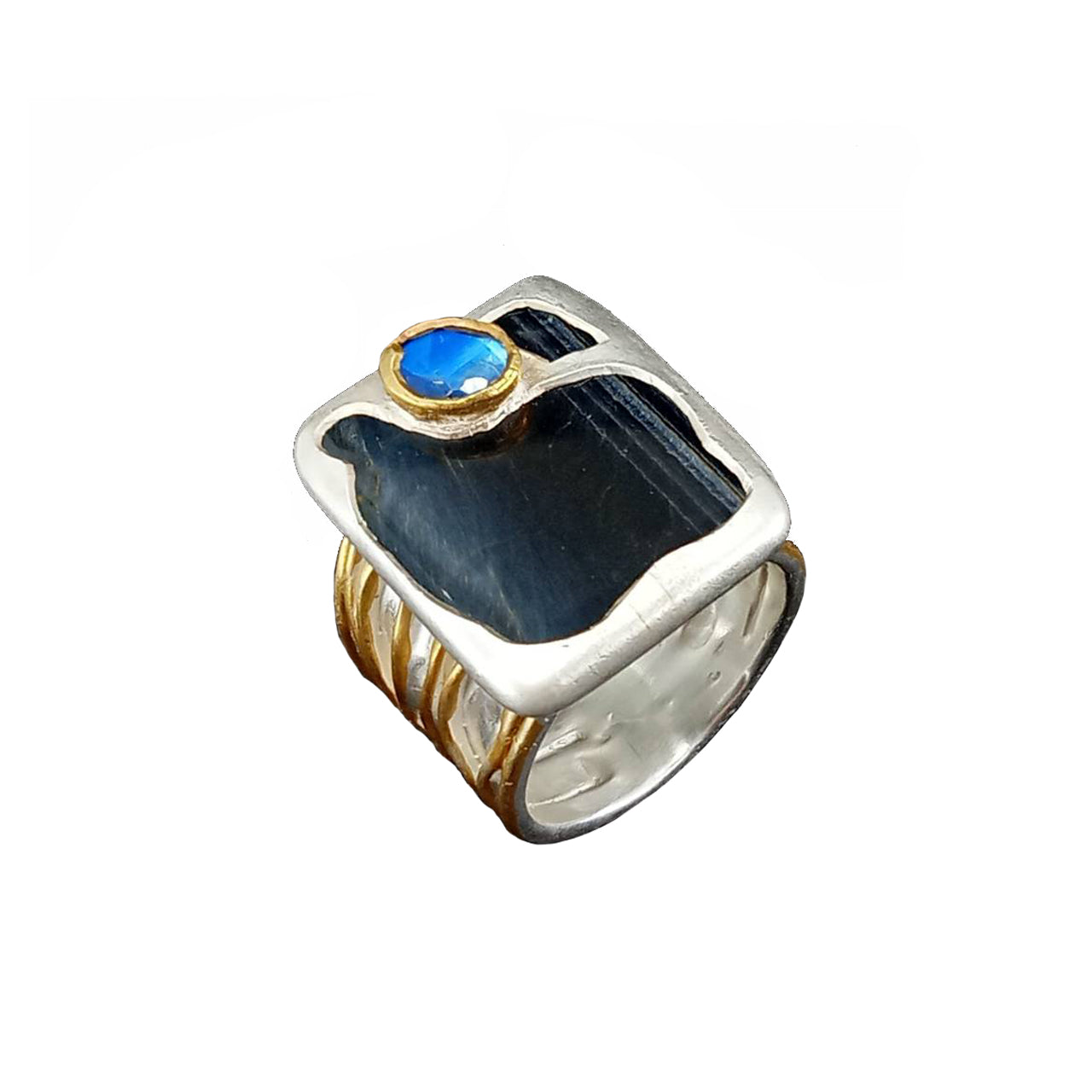 Electro Forming - 925 Sterling Silver Ring, Decorated with Black Tiger Eye and Spectrolite, Plated with 3 Micron 22K Yellow Gold and Silver