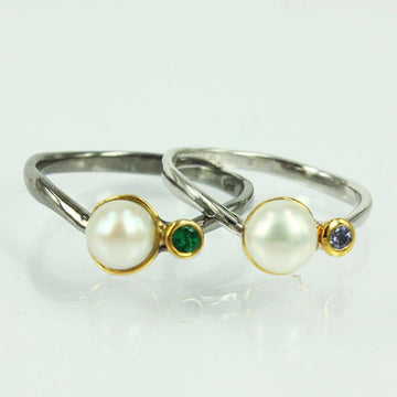 Stacking Emerald and Fresh Water Pearl Ring-Rings-AdiOre Jewels