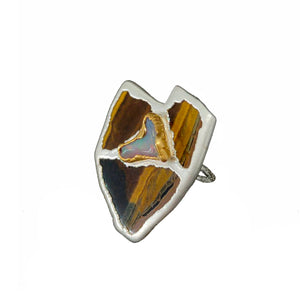 Electro Forming - 925 Sterling Silver Ring, Decorated with Golden Tiger Eye and Curved Ethiopian Opal, Plated with 3 Micron 22K Yellow Gold and Silver
