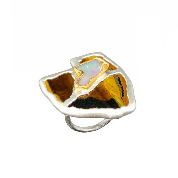 Electro Forming - 925 Sterling Silver Ring, Decorated with Golden Tiger Eye and Curved Ethiopian Opal, Plated with 3 Micron 22K Yellow Gold and Silver