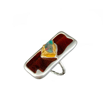 Electro Forming - 925 Sterling Silver Ring, Decorated with Iron Tiger Eye and Rough Ethiopian Opal, Plated with 3 Micron 22K Yellow Gold and Silver