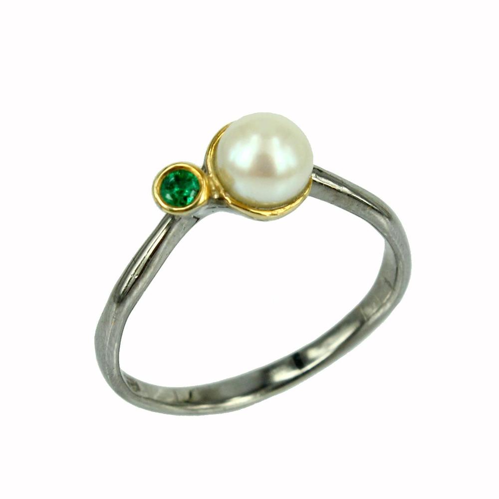 Stacking Emerald and Fresh Water Pearl Ring-Rings-AdiOre Jewels