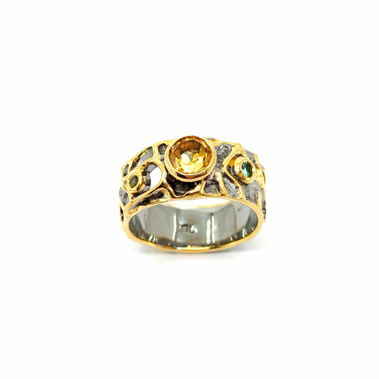 Alice - 925 Sterling Silver Ring, Decorated with Citrine, Emerald and Peridot, Plated with 3 Micron 22K Yellow Gold and Grey Ruthenium