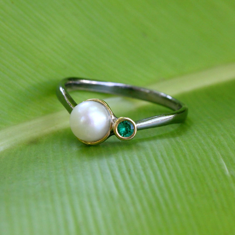 Stacking Emerald and Fresh Water Pearl Ring-Rings-AdiOre Jewels