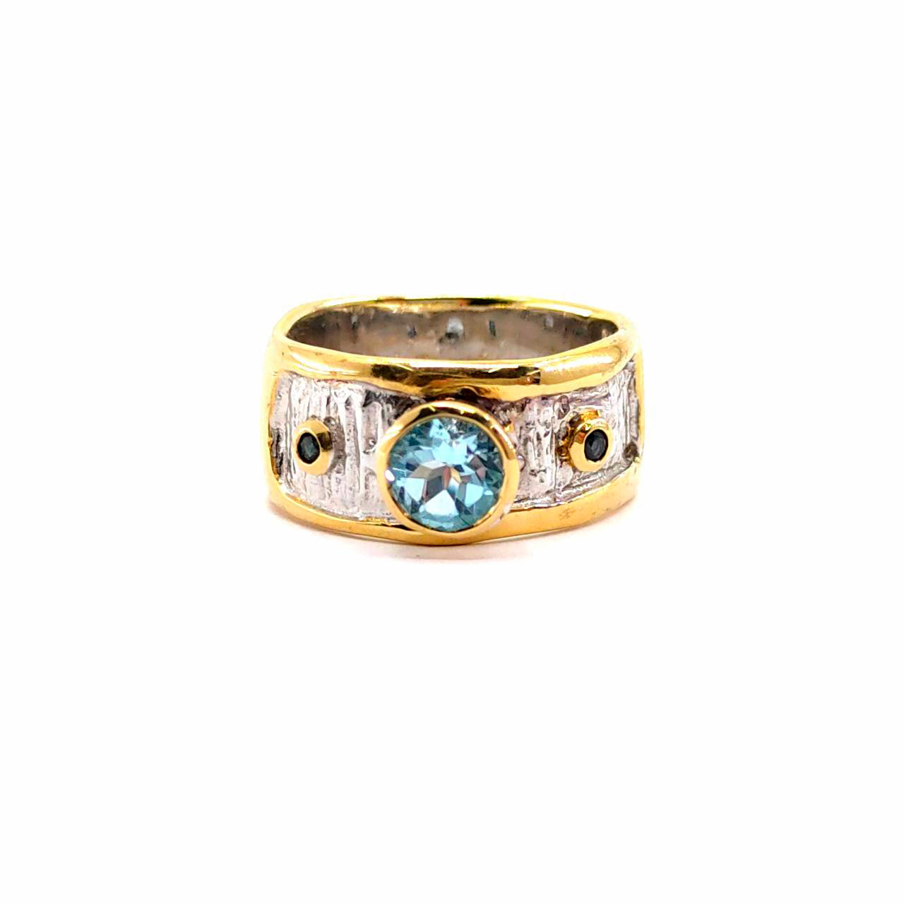 Alice - 925 Sterling Silver Ring, Decorated with Blue Topaz and Sapphires, Plated with 3 Micron 22K Yellow Gold and White Rhodium