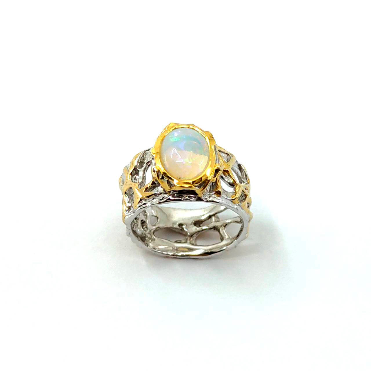Opal Magic - 925 Sterling Silver Ring, Decorated with Ethiopian Opal, Plated with 3 Micron 22K Yellow Gold and White Rhodium