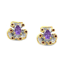 Alice - 925 Sterling Silver Push-Back Earrings Decorated with Amethyst and Red Sapphires, Plated with 3 Micron 22K Yellow Gold and White Rhodium