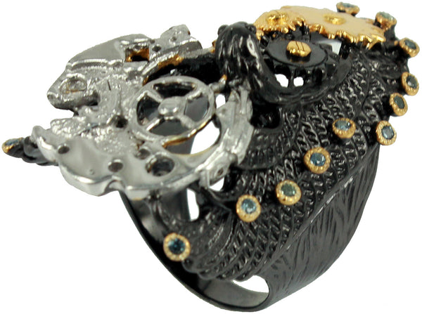 SteamPunk - 925 Sterling Silver Ring, Decorated with Blue/Green Sapphires, Plated with 3 Micron 22K Yellow Gold, Grey Ruthenium and Black Rhodium