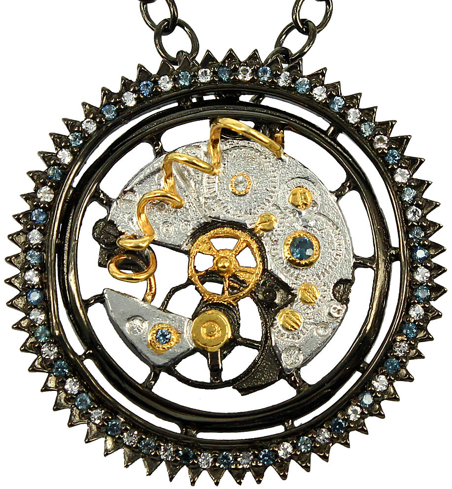 SteamPunk - 925 Sterling Silver Necklace, Decorated with Blue Topaz and Sapphires, Plated with 3 Micron 22K Yellow Gold and Black Rhodium