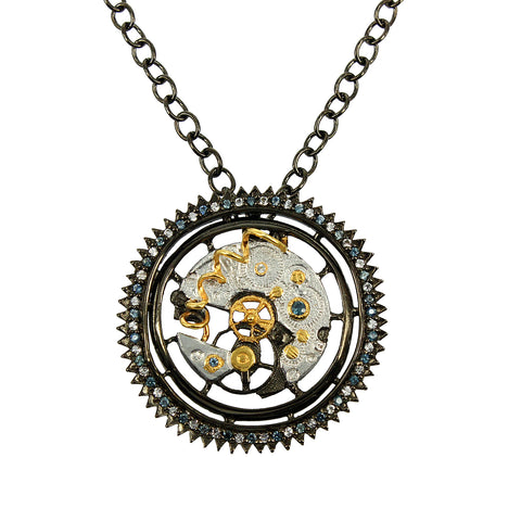 SteamPunk - 925 Sterling Silver Necklace, Decorated with Blue Topaz and Sapphires, Plated with 3 Micron 22K Yellow Gold and Black Rhodium