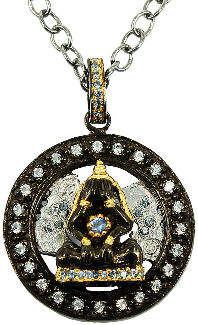 SteamPunk - 925 Sterling Silver Necklace, Decorated with Blue Topaz and Sapphires, Plated with 3 Micron 22K Yellow Gold and White/Black Rhodium