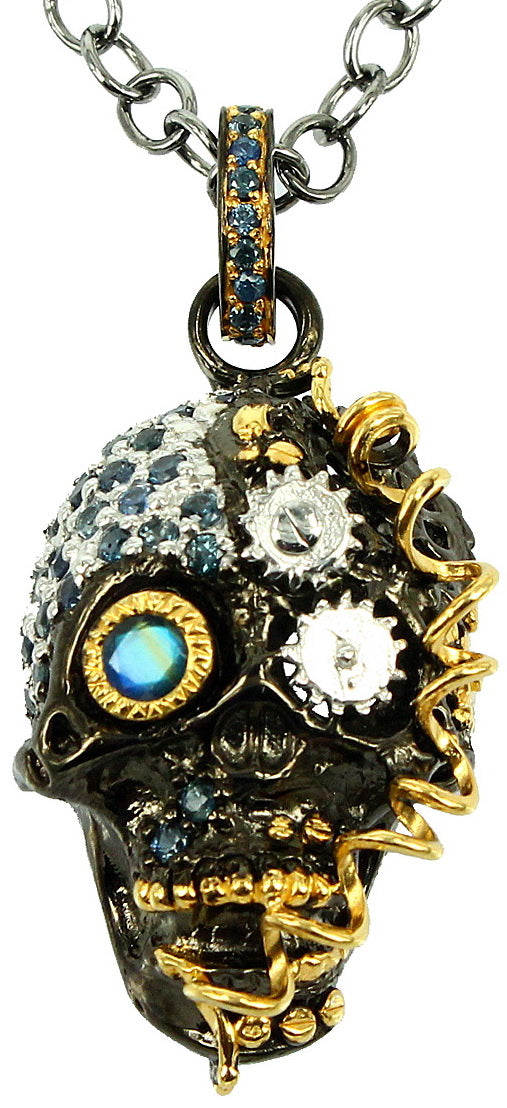 SteamPunk - 925 Sterling Silver Necklace, Decorated with Blue Topaz and Sapphires, Plated with 3 Micron 22K Yellow Gold and White/Black Rhodium