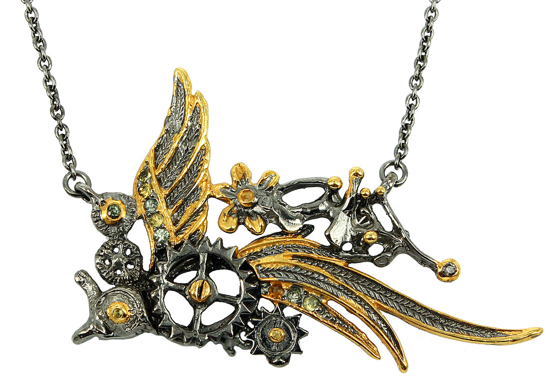 SteamPunk - 925 Sterling Silver Necklace, Decorated with Peridot and Citrine, Plated with 3 Micron 22K Yellow Gold and Grey Ruthenium