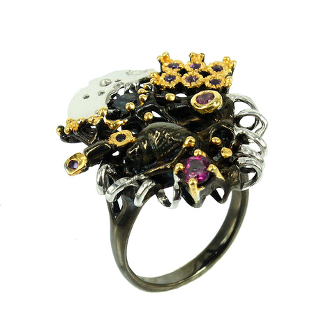 SteamPunk - 925 Sterling Silver Ring, Decorated with Amethyst, Garnet and Sapphires, Plated with 3 Micron 22K Yellow Gold, Grey Ruthenium and Black Rhodium