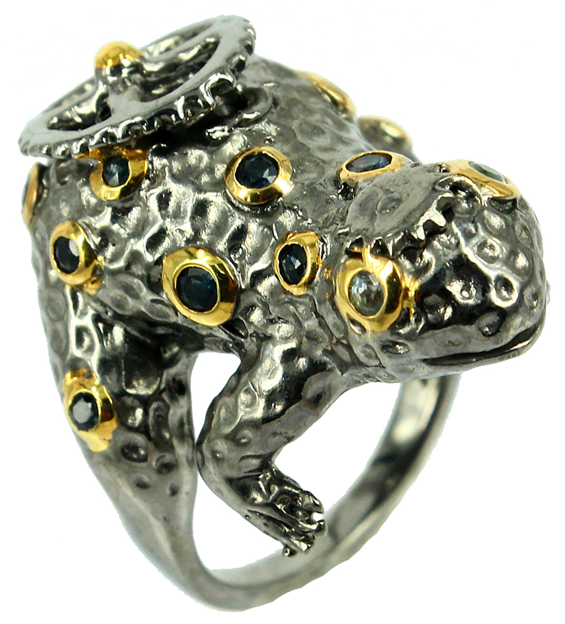 SteamPunk - 925 Sterling Silver Ring, Decorated with Blue Sapphires, Plated with 3 Micron 22K Yellow Gold and Grey Ruthenium