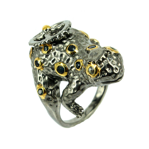 SteamPunk - 925 Sterling Silver Ring, Decorated with Blue Sapphires, Plated with 3 Micron 22K Yellow Gold and Grey Ruthenium