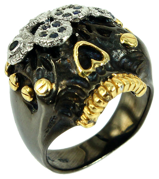SteamPunk - 925 Sterling Silver Ring, Decorated with Blue Sapphires, Plated with 3 Micron 22K Yellow Gold, Grey Ruthenium and Black Rhodium