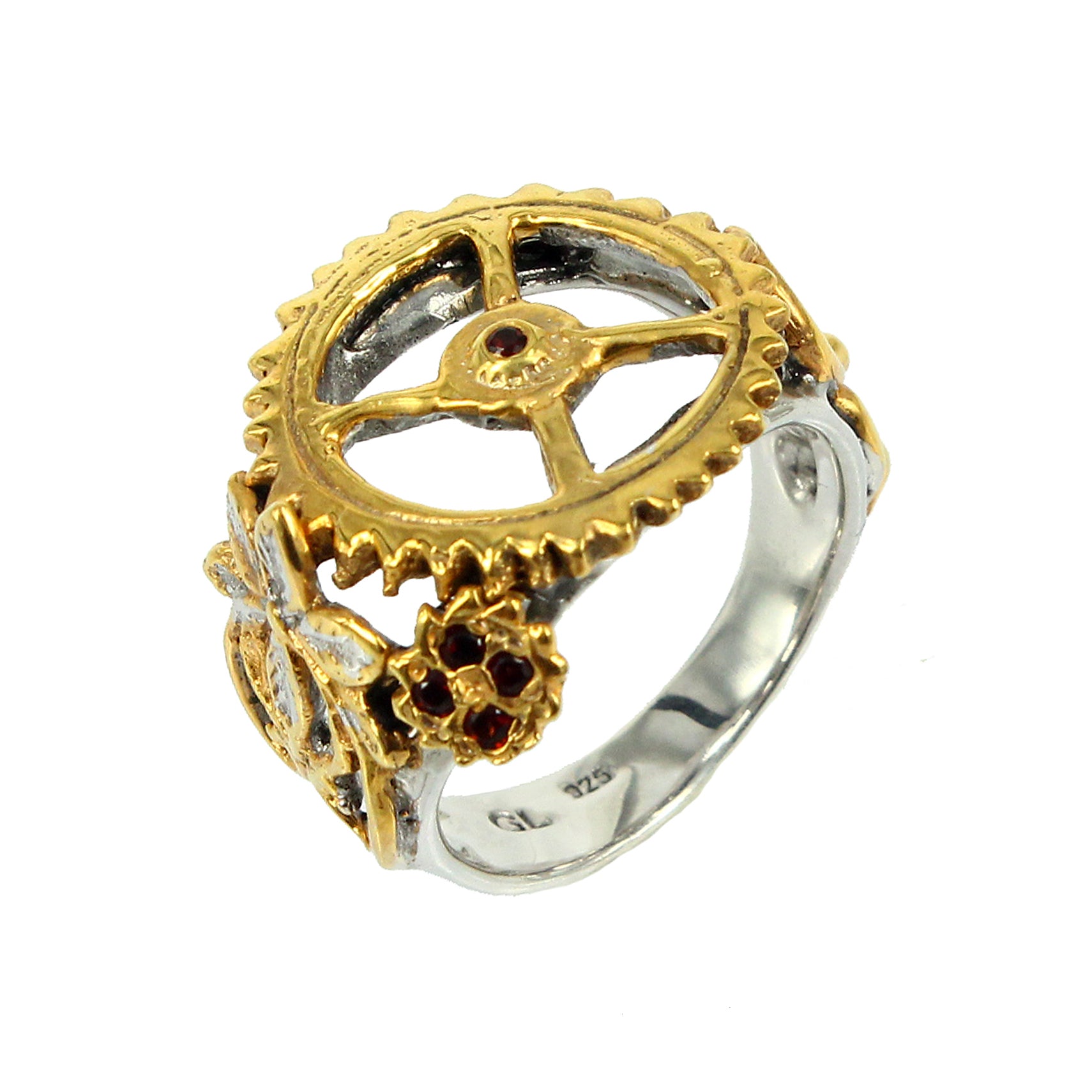 SteamPunk - 925 Sterling Silver Ring, Decorated with Garnets, Plated with 3 Micron 22K Yellow Gold and White Rhodium