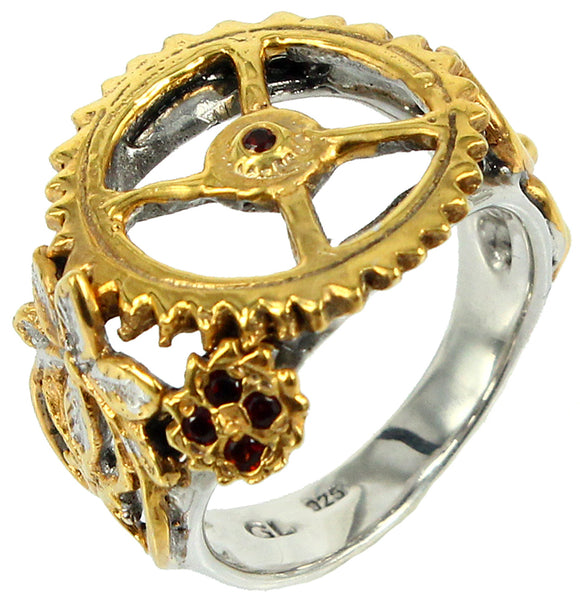 SteamPunk - 925 Sterling Silver Ring, Decorated with Garnets, Plated with 3 Micron 22K Yellow Gold and White Rhodium