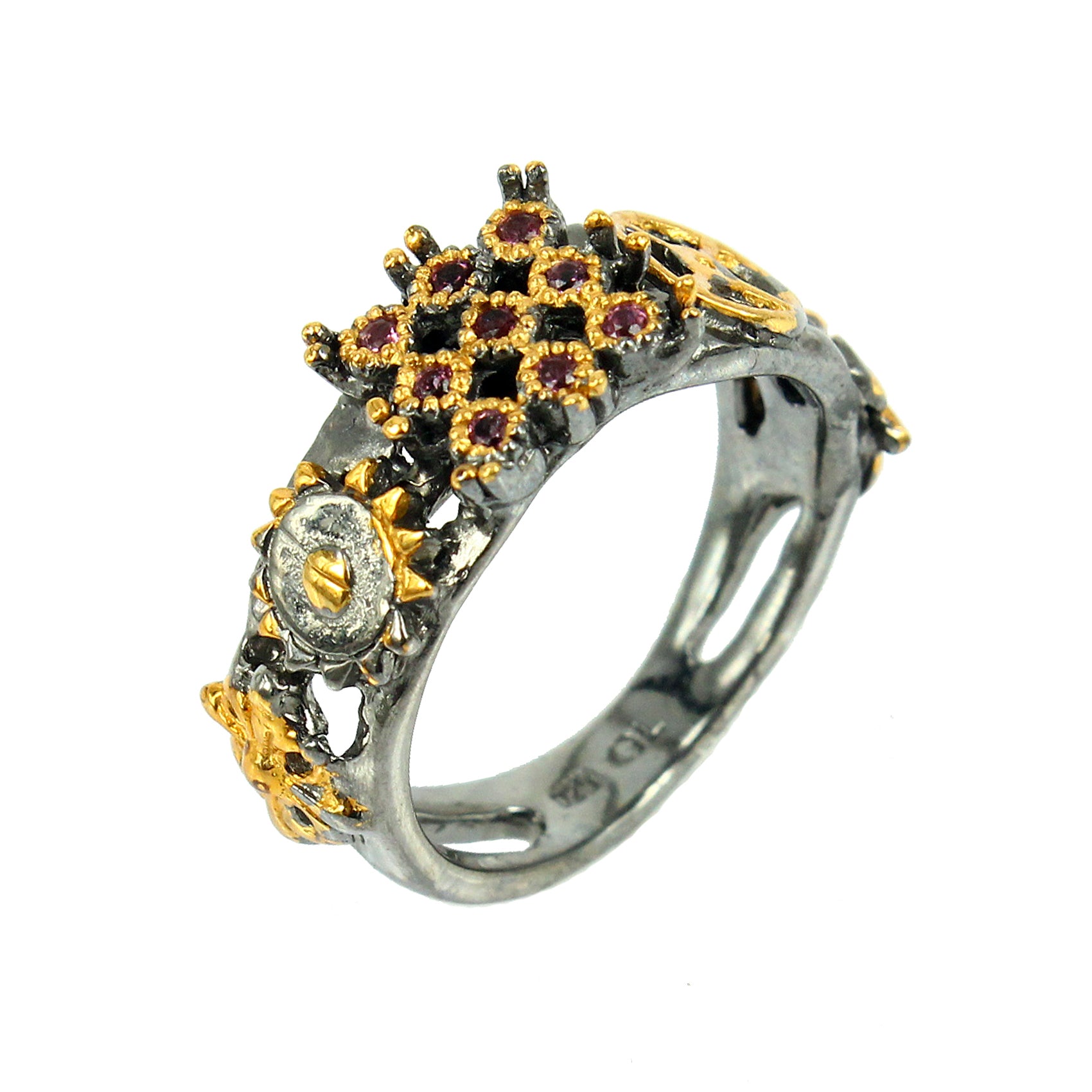 SteamPunk - 925 Sterling Silver Ring, Decorated with Garnets, Plated with 3 Micron 22K Yellow Gold and Grey Ruthenium