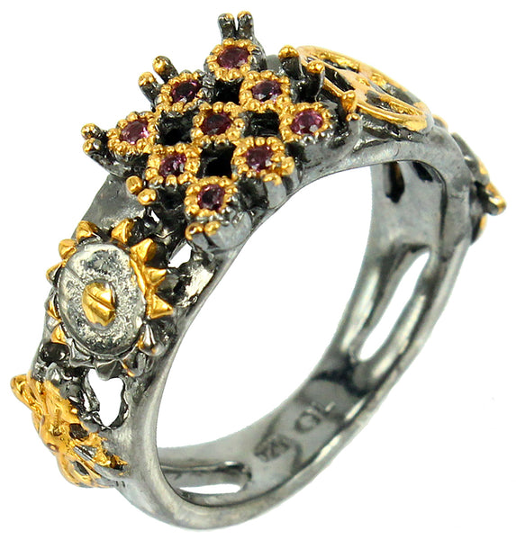 SteamPunk - 925 Sterling Silver Ring, Decorated with Garnets, Plated with 3 Micron 22K Yellow Gold and Grey Ruthenium