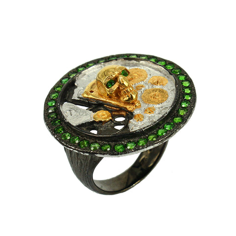 SteamPunk - 925 Sterling Silver Ring, Decorated with Green Chrome Diopside, Plated with 3 Micron 22K Yellow Gold and Black Rhodium