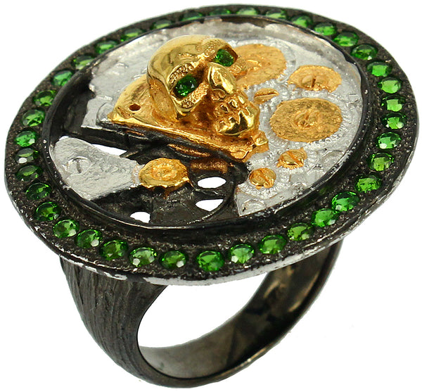 SteamPunk - 925 Sterling Silver Ring, Decorated with Green Chrome Diopside, Plated with 3 Micron 22K Yellow Gold and Black Rhodium