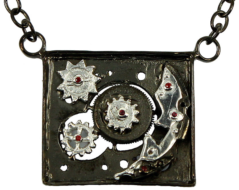 SteamPunk - 925 Sterling Silver Necklace, Decorated with Red Sapphires, Plated with White and Black Rhodium