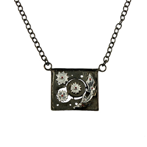 SteamPunk - 925 Sterling Silver Necklace, Decorated with Red Sapphires, Plated with White and Black Rhodium
