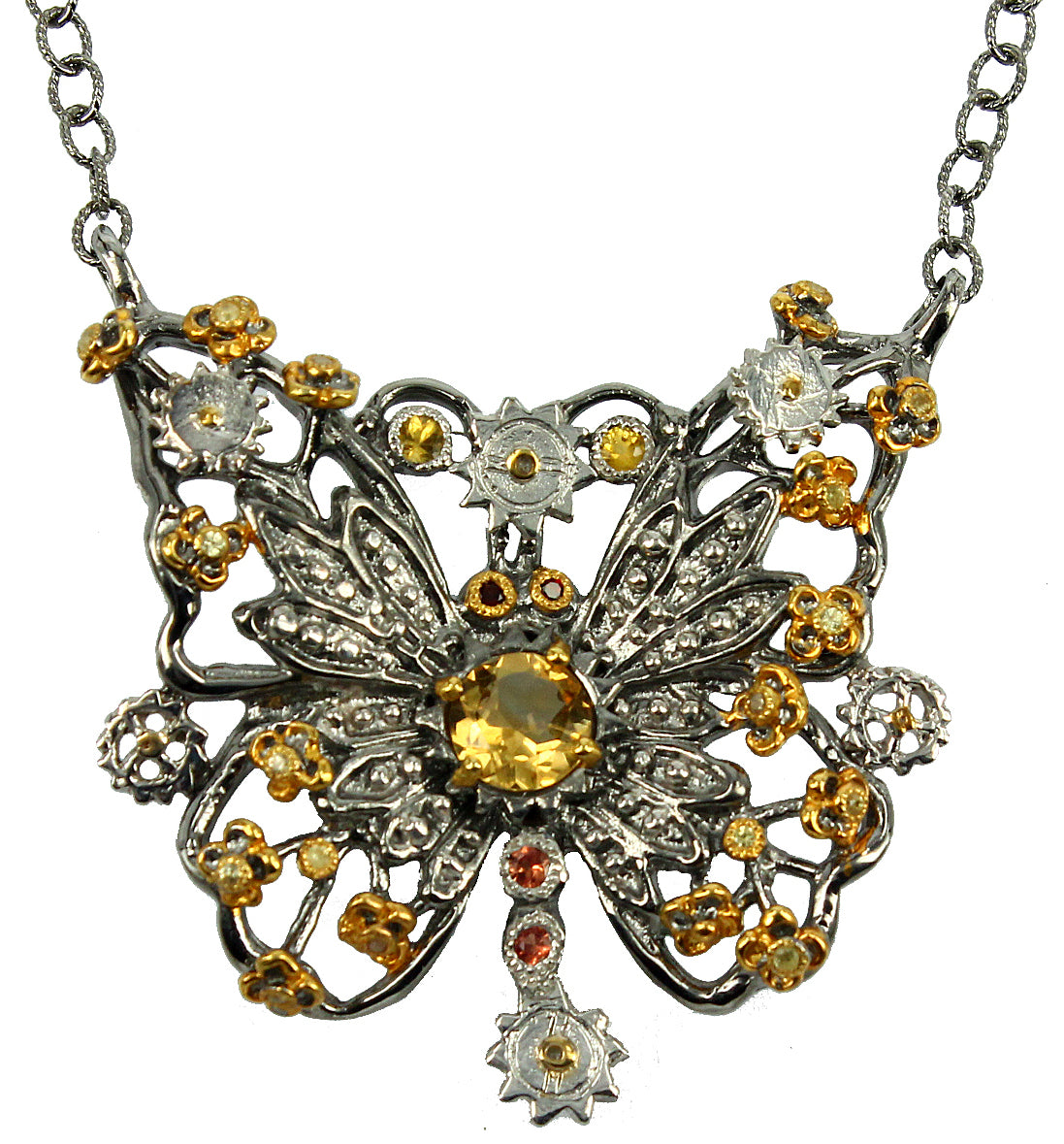 SteamPunk - 925 Sterling Silver Necklace, Decorated with Citrine and Sapphires, Plated with 3 Micron 22K Yellow Gold and Grey Ruthenium