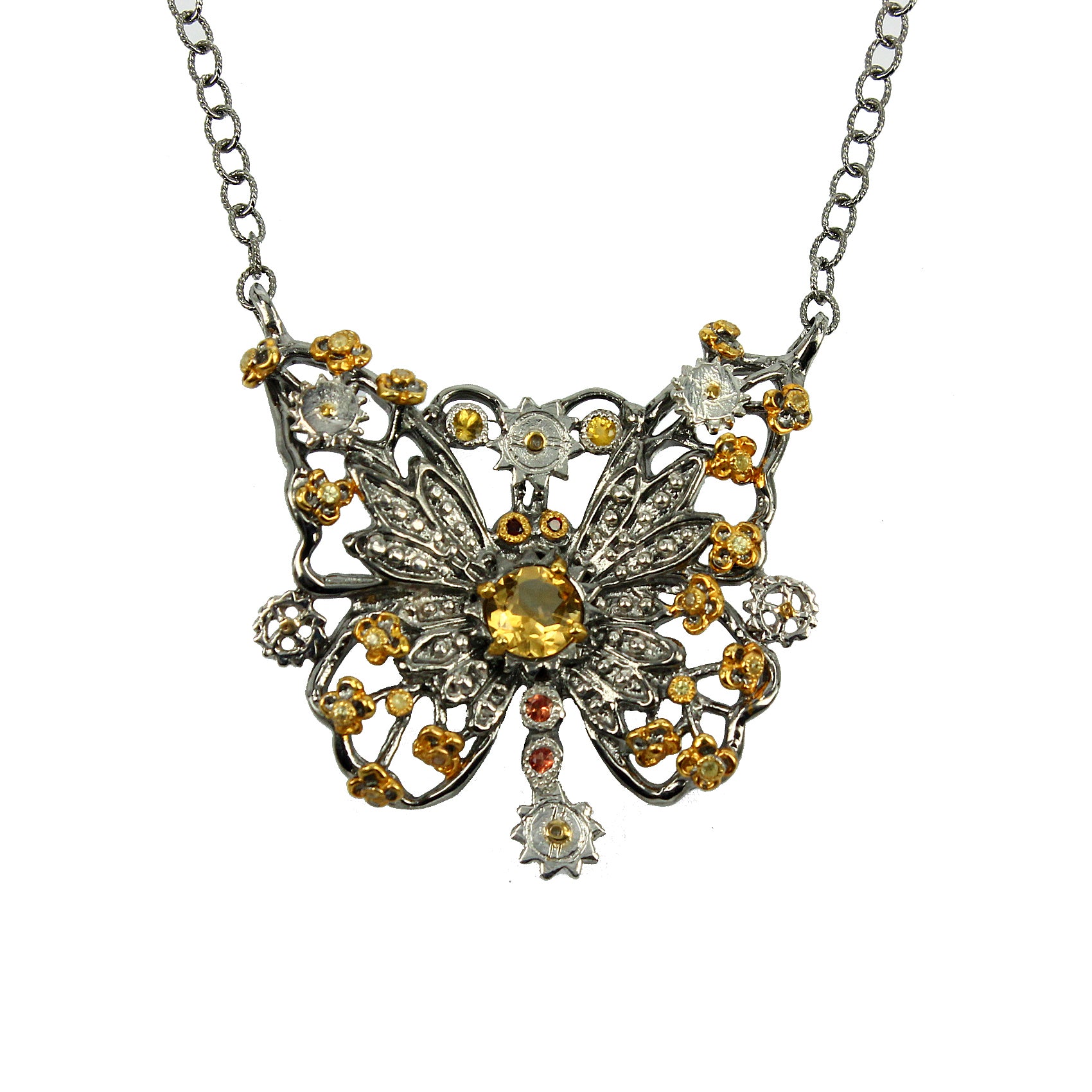 SteamPunk - 925 Sterling Silver Necklace, Decorated with Citrine and Sapphires, Plated with 3 Micron 22K Yellow Gold and Grey Ruthenium